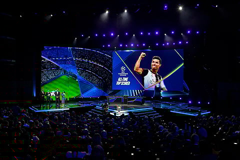 2024-25 UEFA Champions League Draw: A picture of Cristiano Ronaldo, the all-time leading goalscorer in the Champions League, is shown on the screen
